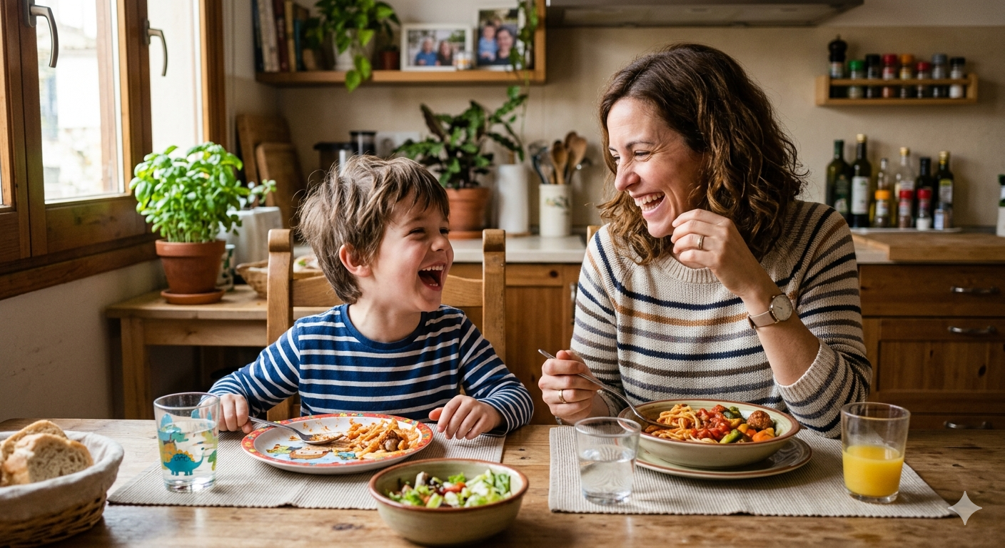 Madre e hijo compartiendo una comida