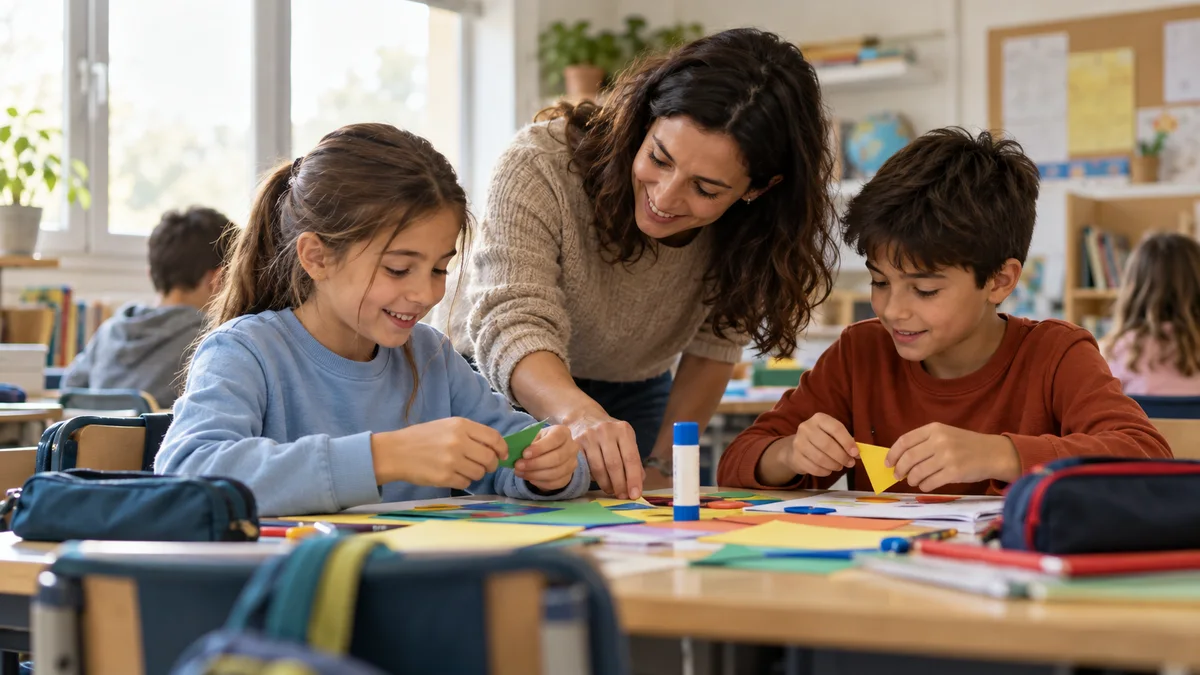 Varios niños realizan una actividad juntos en el colegio. Imagen generada con IA.