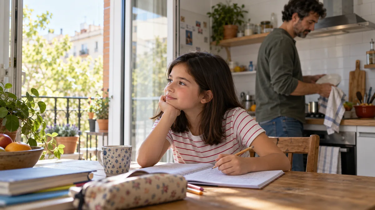 Una niña mira por la ventana mientras hace una tarea en casa. Imagen generada con IA.