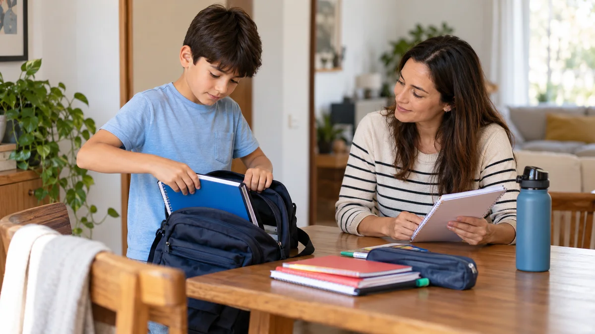 Un niño prepara su mochila en casa con su madre cerca. Imagen generada con IA.
