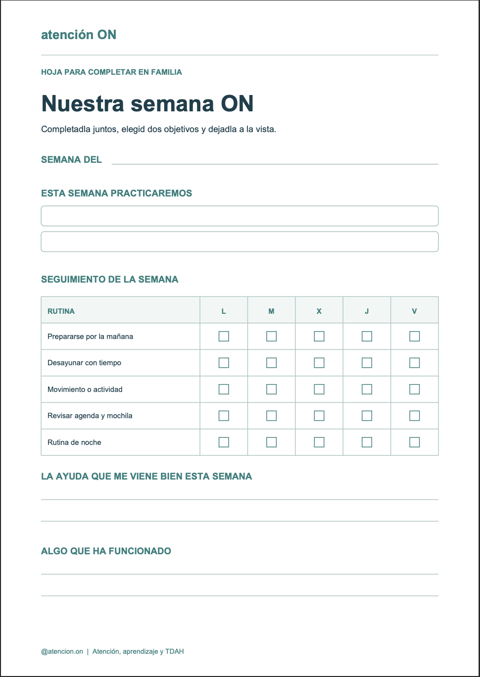 Hoja semanal imprimible para organizar las rutinas de un niño con TDAH