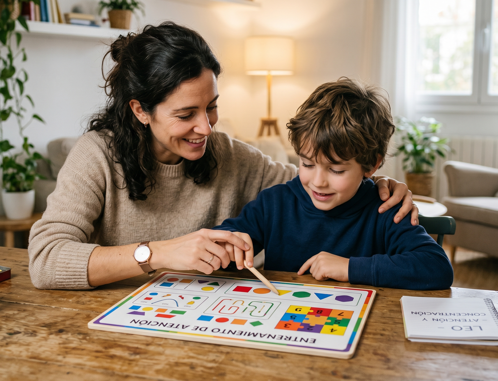 Madre acompañando a un niño/a con material de atención
