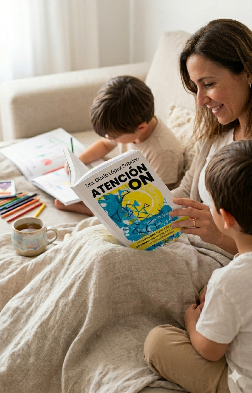 Madre leyendo Atención ON con dos hijos