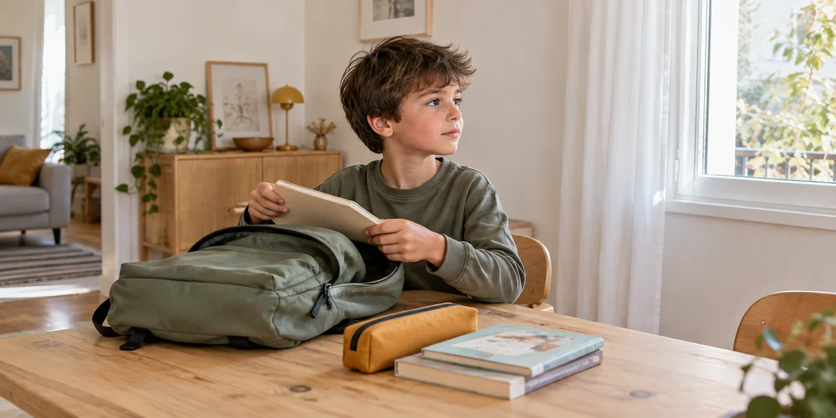 Niño preparando su mochila en casa. Imagen generada con IA.