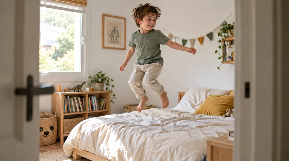 Niño saltando sobre una cama en una habitación iluminada con luz natural. Imagen generada con IA.